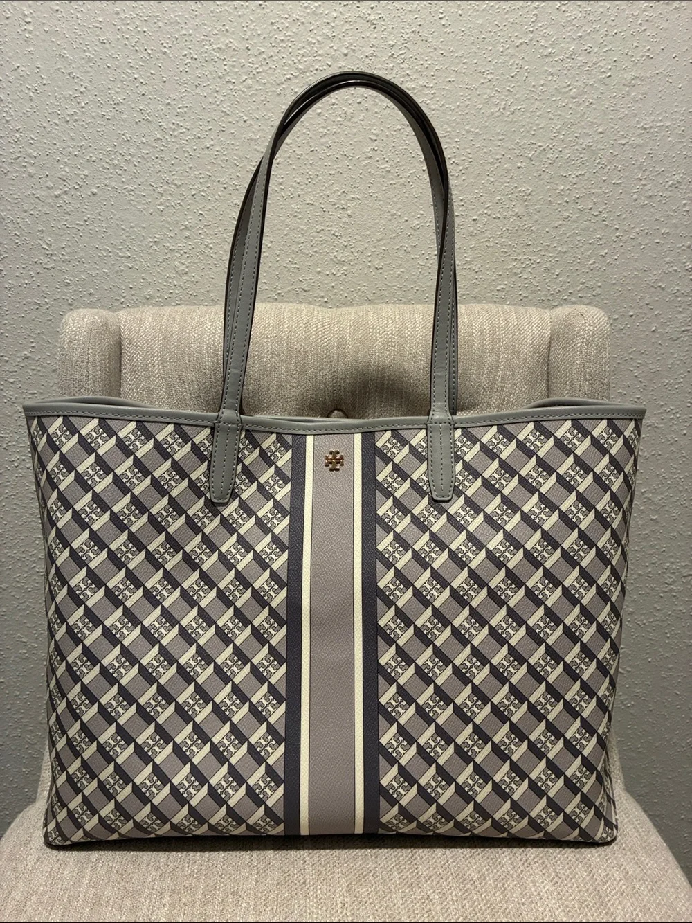 Tory Burch Gray and Cream Patterned Stripe Tote